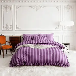 Romantic Striped Ruffle Bedding Set 3 Piece, Includes 1 Duvet Cover and 2 Pillowcases, No Inserts Soft Comfortable Bedding, Perfect Valentine's Day Gift