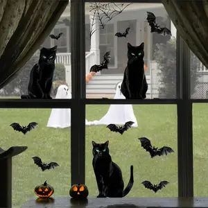 6 sheets- halloween decoration window stickers, 4 large realistic black cats, Halloween window stickers, spider webs, bat silhouettes, window stickers, indoor school, home office, party glass window decorations, Halloween window stickers, black cat bat
