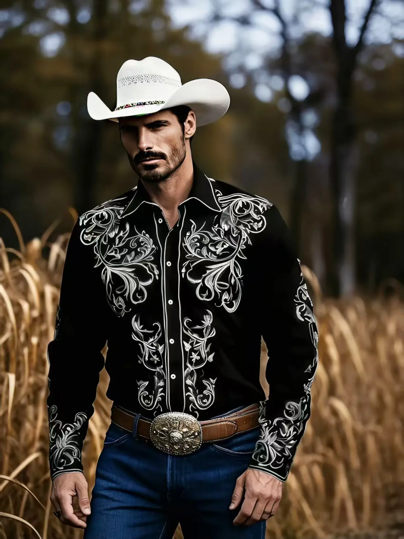 Men's Western Cowboy Shirt, Collared Shirts, Casual Western Style Fashion Shirt, Vintage Long-sleeved Casual Top, Work Shirt, Workwear, Menswear, Aesthetic, Plant