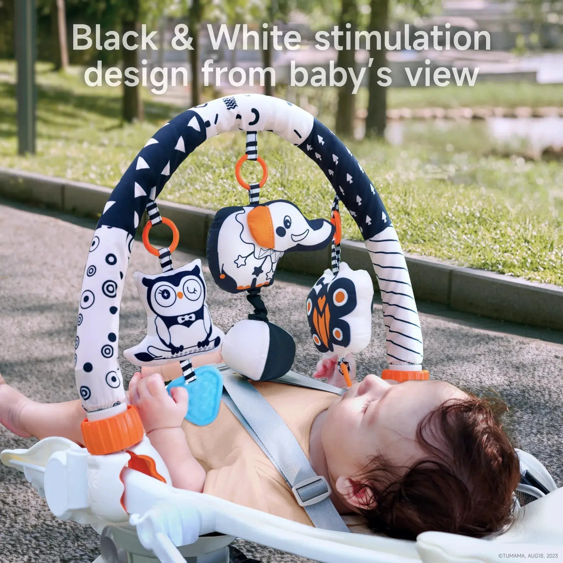 Baby Stroller Toy for Newborns 3-9 Months, Black & White Activity Arch Mobile with Hanging Rattles for Crib, Bassinet, Playpen