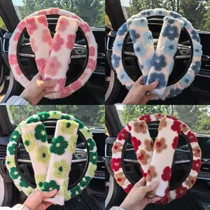 3-Piece Car Interior Set, Floral Plush Winter Steering Wheel Cover and Seatbelt Shoulder Pads, Non-Slip, Warm, Cute, Car Interior Kit, Cute Car Accessories, Car Interior Decoration, Universal Fit