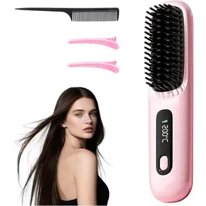 Go Brush Pro 2025 New Cordless Hair Straightener Brush - 199 Million Negative Ions, Compact & Travel-Friendly with LED Display, 4000mAh Rechargeable, Anti-Scald Mini Hot Comb for Women (Pink)