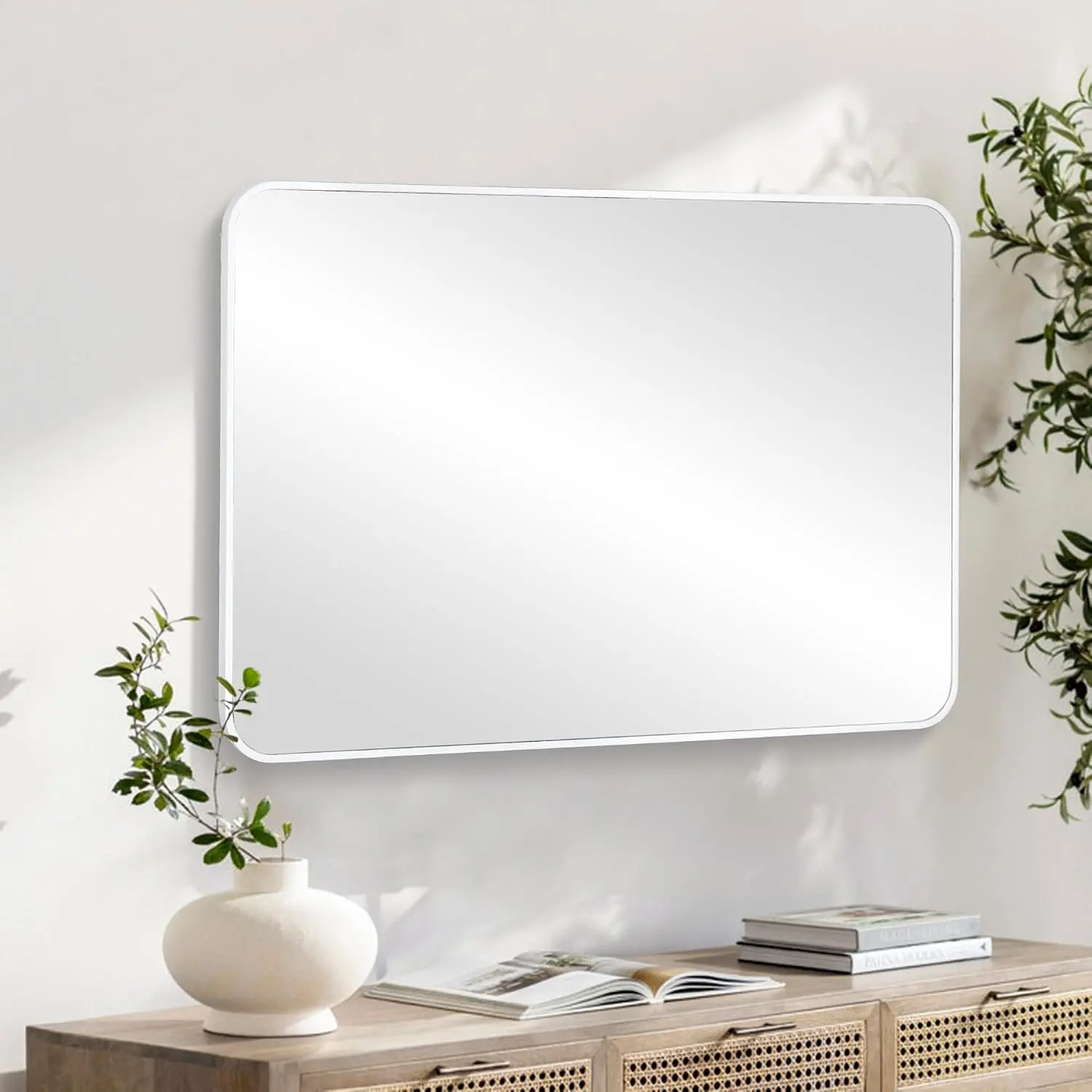 White Bathroom Wall Mirror,24 x 36 Inch Rectangle Vanity Modern Mirror | Tempered Glass, for Bedroom,Living Room,Entryway