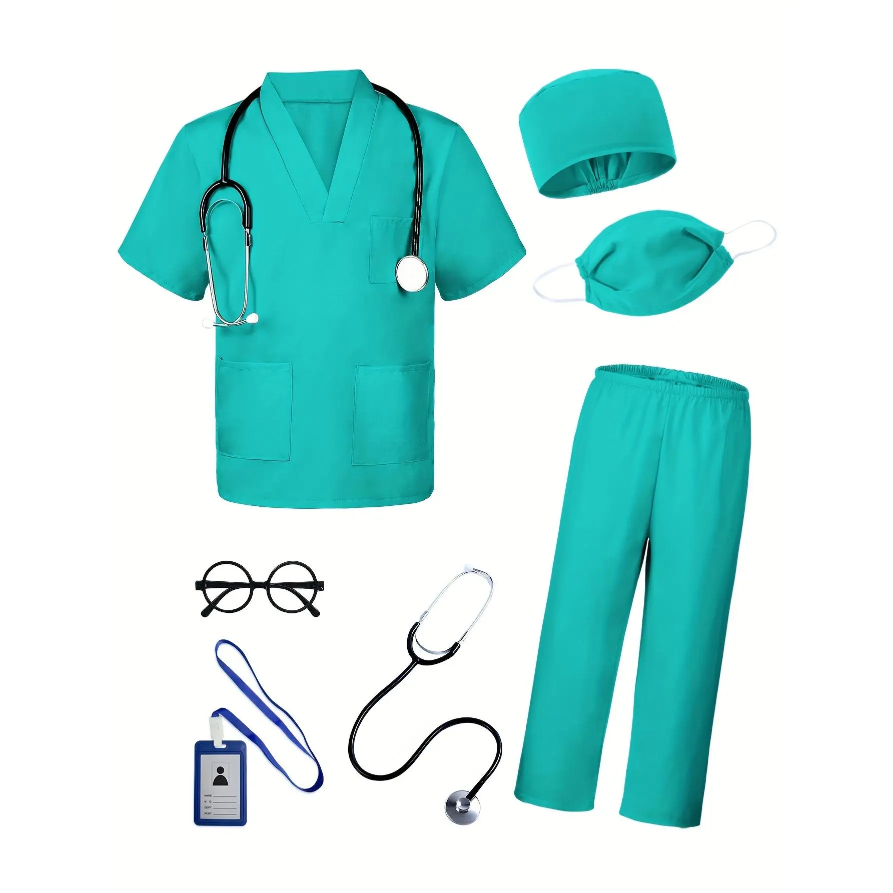 Kids Halloween Doctor Scrubs Outfit - 7-Piece Polyester Blend Role Play Set with Doctor Look, Party Dress-Up for 3-11 Year Old Boys Girls