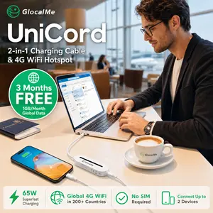 Pay As You Go Plan | Type-C 3-in-1 Data Cable - GlocalMe UniCord 65W PD Fast Charger & 4G LTE Hotspot – Register for 1GB/Month Data for 3 Months – 3-in-1 USB-C/A Cable, 3.2ft Travel Essential