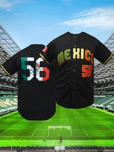 Men's Number & Letter Embroidered Baseball Jersey, MEXICO 56 Pattern, Casual Breathable V Neck Short Sleeve Baseball Top for Training & Competition, Fashion Men's Sportswear for All Seasons, Baseball Shirt, Athletic Top