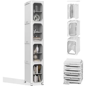 4-Tier Tall Narrow Storage Cabinet, Slim Bathroom Storage Cabinet with Adjustable Shelves and Wheels, Narrow Organizer for Small Space, Bathroom, Kitchen, Laundry, White