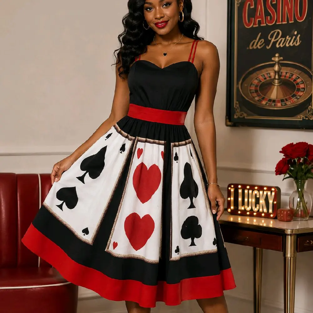 Women’s Playing Card Print Spaghetti Strap Midi Dress
