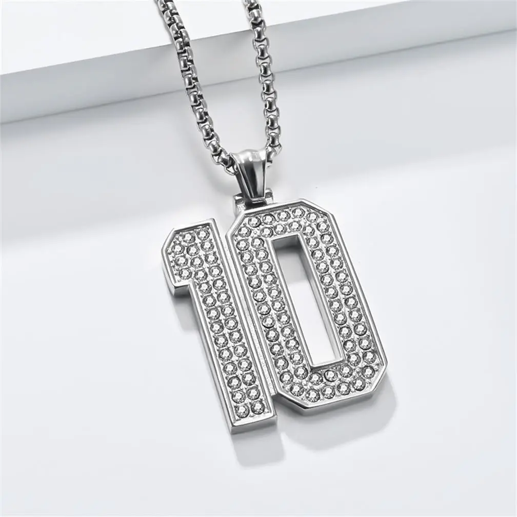 Number 10 Pendant Necklace Iced Out Bling Titanium Numbers Sports Simple Charm Collar Chains Necklace for Men Women Couple Fans Gift Fashion Jewelry Punk Hip Hop