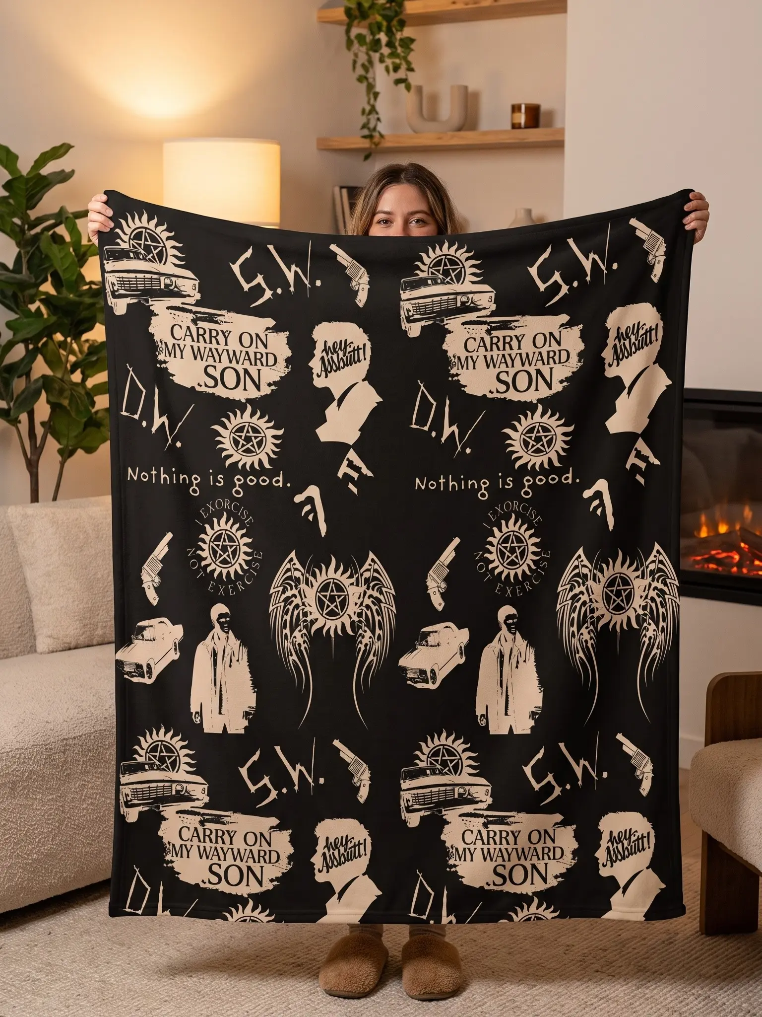 Supernatural TV Show Fan Art Wall Tapestry Flannel Fabric Poster - Carry On My Wayward Son Quote Graphic Hanging Decor with Pentagram & Car Print for Bedroom Dorm Living Room - Gift for TV Series Fans Teens Adults - Sizes 30x40 40x50 50x60 60x80in