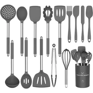 Stainless Steel Kitchen Cooking Utensil Set,  15 count Cooking Utensils - Nonstick Kitchen Utensils Cookware Set Spatula Set -Kitchen Gadgets Utensils Set, Kitchen Tools  (Gray)
