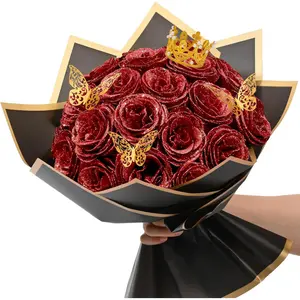 Red Glitter Rose Bouquet, 24 Pcs DIY Sparkling Fake Flowers to Create a Special Gift for Her on Birthday or Anniversary