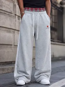 Men's Retro Fake Two-Piece Plaid Waistband Sweatpants, Oversized Wide Leg Joggers, Y2K Streetwear Pants with Heart Graphic