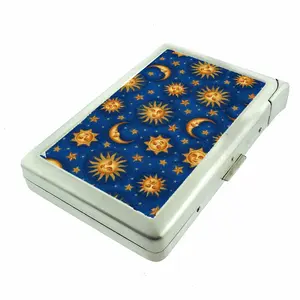 Blue Celestial Whimsy Sun and Moon Metal Case with Built in Lighter