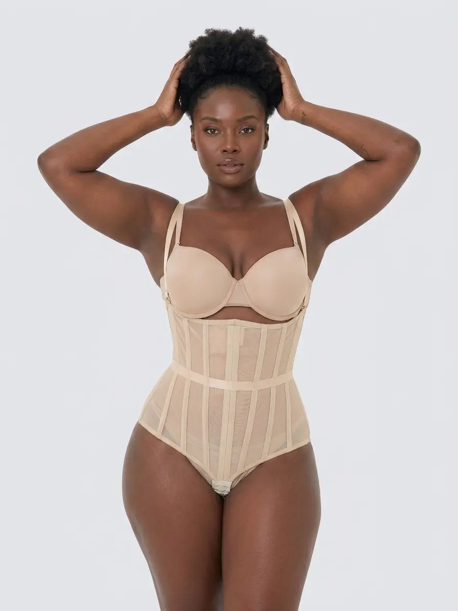 Sculpt Touch Women's Lace Corset Bodysuit Sheer Mesh Bustier Top Lace Up Back Waist Cincher Shapewear Lingerie Top