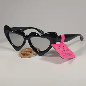 Betsey Johnson Heart Shape Sunglasses Shiny Black Silver Mirror Lens BJ 24 203