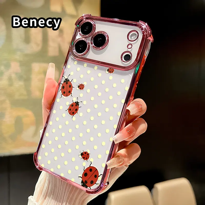 Phone Case for iPhone 17 Pro Max 16 15 Plus Air 14 13 12 11 E ladybug dotted charm Clear Protective Four Corners Air Cushion Anti-drop Shockproof Cellphone Casing