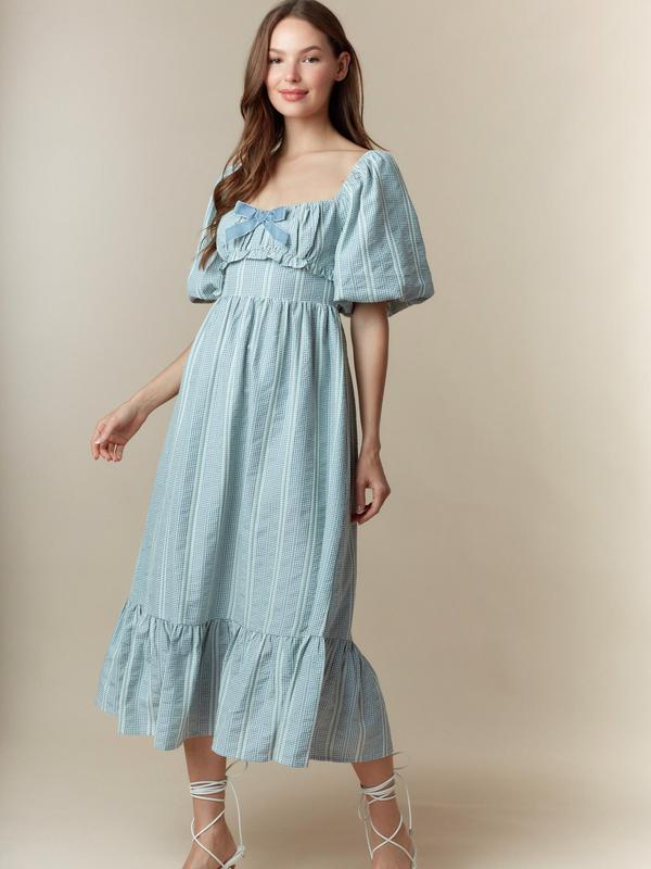 Front Velvet Bow Detail Bubble Sleeve Midi Dress