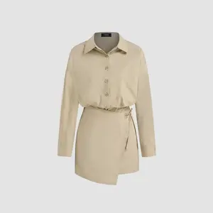 Cider [size 0-10] 100% Cotton Collar Solid Wrap Knotted Button Mini Shirt Dress