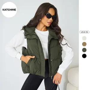KatchMe Women's Street Solid Color Hooded Zip-Up Thermal Vest,Casual Sleeveless Outerwear for Women,Fall & Winter Side Pocket Vest for Lady Streetwear