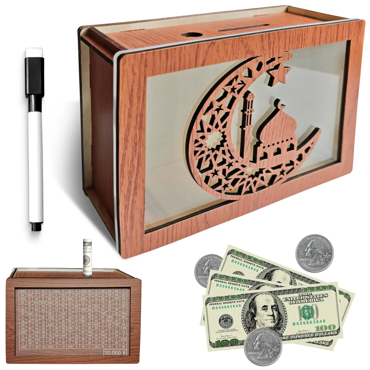 BTLLSSH Wooden Money Jar - Unique $2000/$10,000 Savings Challenge Box, Handmade Natural Piggy Bank with Money Goals Counter, Home Decor Desk Ornament Gift