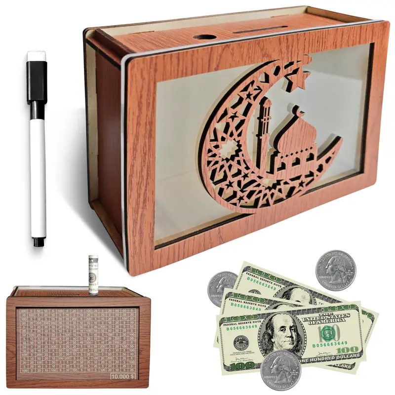 BTLLSSH Wooden Money Jar - Handmade Natural Piggy Bank with $2000/$10,000 Savings Challenge, Money Goals Counter, Home Decor Desk Ornament for Bedroom, Living Room, Boxwood Themed Gift, Gifts