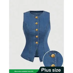 Women’s sleeveless denim vest top with gold button details, new business casual women’s wear for fashionable womenswear, sleeveless vests