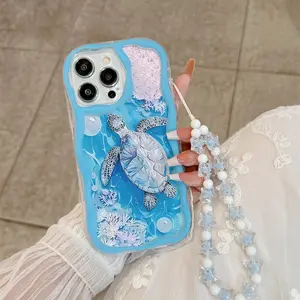 Transparent Turtle Pattern Phone Case with Star Blue Strap, Shockproof Soft Shell for Apple iPhone 17 Pro Max/16 Pro/15/14 Series