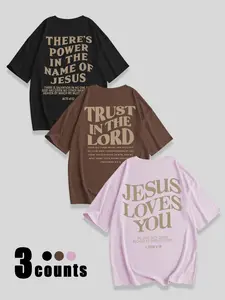 Women's Jesus Love You Letter Print Round Neck Tee, Casual Short Sleeve Crew Neck T-shirt for Daily Wear, Ladies Clothes for All Seasons, Casual Breathable Top