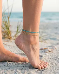 2PCS 18K Gold Plated Turquoise & Chain Anklet Set