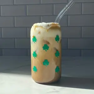 Personalized St. Patrick's Day Glass Cup | Beer Can Glass with Lid & Straw | Shamrock Can Glass | 16oz Glass Tumbler | Custom Tumbler | Aesthetic Glass | Gifts for Her | Holiday Gift | Custom Tumbler | St. Patrick's Day | Libbey Glass with lid & straw