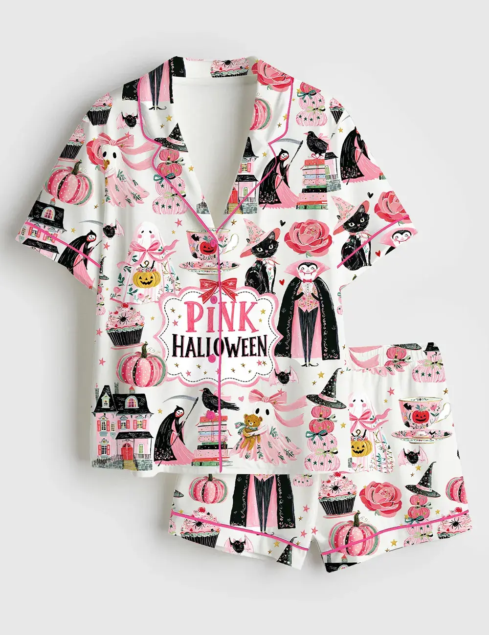 Women’s Pink Halloween Cute Ghost Black Cat Pumpkin Vampire Witch Coquette Spooky Short & Long Sleeve Silky Satin Pajama Set