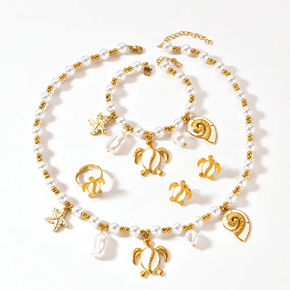 Stainless Steel Set Fashionable Sea Turtle Sea Screw Pearl Beaded Necklace Bracelet Earrings Ring Set
