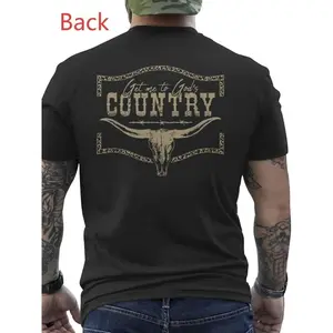 Men'S Western Bull Head Pattern T-Shirt -Heavy Duty Loose Style Black And Beige, Suitable for Rural Music Ranch Daily Casual Wear, All-Season Breathable Crew Neck Short Sleeves Top