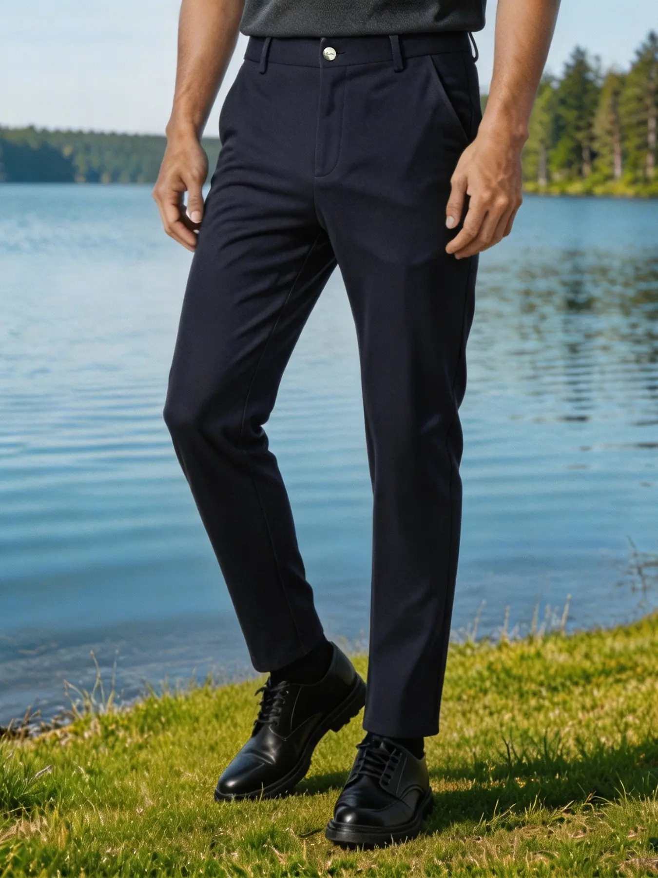 1 piece men's Casual Dress Pants, Lightweight Stretch Fabric, Breathable and Wrinkle-Resistant, Slim-Fit Straight Leg, Metal Button Waistband, All Seasons