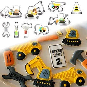 9 Pieces 3 Inch Construction Cookie Cutter Set Excavator Digger Bulldozer Dump Truck Hammer Wrench Construction Tools Cutters Molds Construction Themed Party