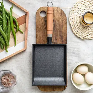 Traditional Sturdy Cast Iron Square Frying Pan (350x150x30mm) - Non-Scald Wooden Handle Cookware, Japanese Egg Omelette Pan with Oil Brush and Shovel, Compatible with All Oven Types