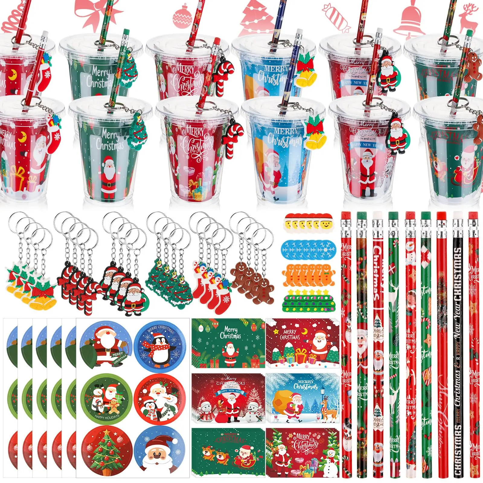 Christmas Return Gifts 144 Pcs Christmas Classroom Gifts Goodie Bag Fillers for Stocking Stuffer Xmas Party Supplies Goody Cups Pencil Eraser Keychain Sticker Greeting Card Gift for Christmas Classroom Birthday Rewards Prizes Exchange Prize