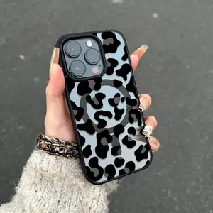 Sexy Black leopard print Fashion Pattern Transparent Acrylic Magnetic Phone Case for iPhone 17 16 15 14 13 12 11 X XS Pro Max Plus Air Samsung Galaxy S25 S24 S23 S22 Ultra-Thin Anti-Drop Wear-Resistant Mag Safe Phone Case