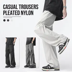 Chic Pleated Ice Silk Trousers Urban Parachute Style Pants Trendy Floor-Length Trousers