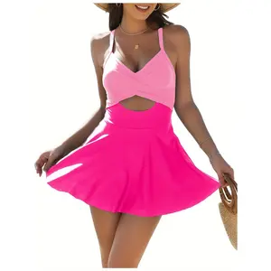 2026 New Arrival: Women's V-Neck One-Piece Swimsuit — Tummy Control Swimdress with Color-Block Cutout Design and Back Tie-Straps — Stylish & Slimming