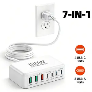 180W 7-in-1 Notebook Computer Fast Charging Station, 7-Port & 1.5m Extend Cable Family pack Charger Block for Notebook MacBook Pro/Air iPhone iPad Samsung USB-C Devices SmartCharger