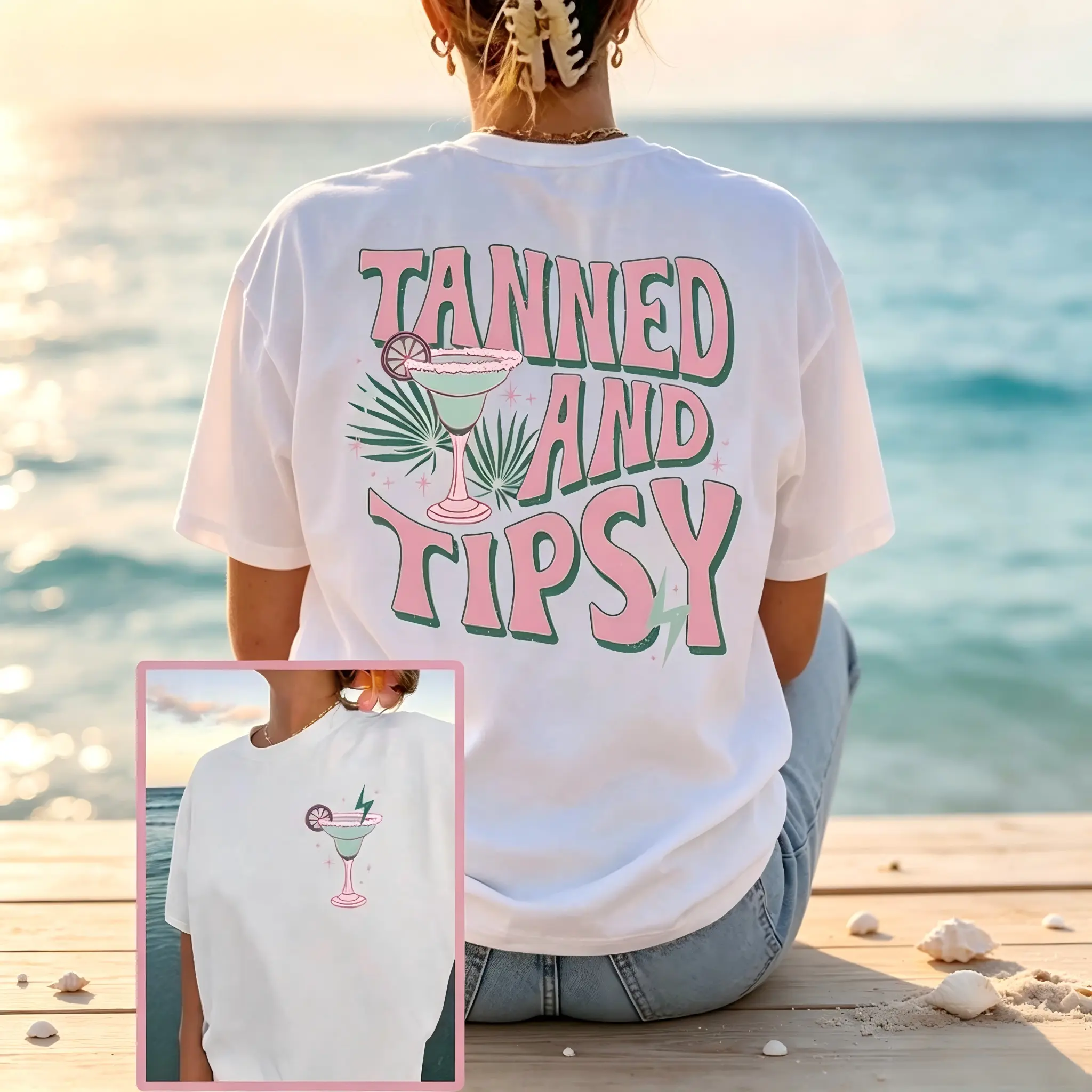 Women's Graphic T-Shirt, Retro "Tanned and Tipsy" Loose-Fit Round Neck Top in 100% Cotton, Breathable Lightweight Streetwear with a Double-Sided Bold Print, Baggy, Athletic, Long-Lasting Print