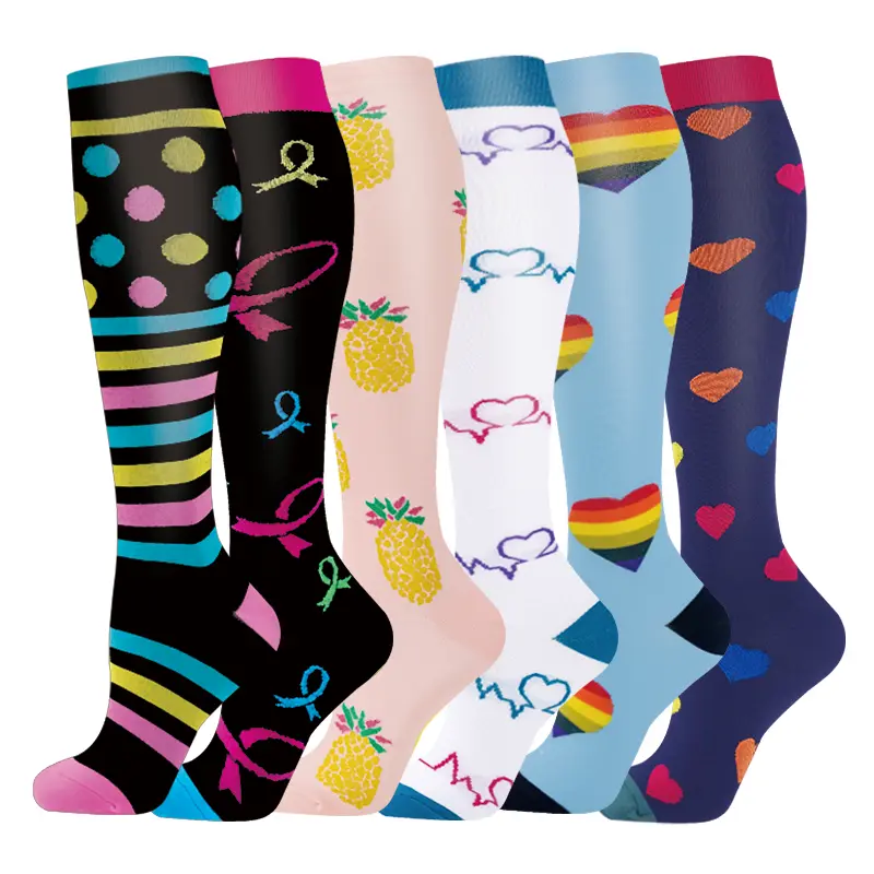 Women's 6-Pack Compression Stockings, Knee-High Cotton Blend with Pineapple & Ribbons Prints, 15-20mmHg Graduated Compression for Nurses & Runners, Athletic Socks, Sports Athletic Socks, Unique Prints, Six Pairs