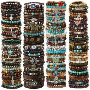 Gift for Her/Him 25pcs Handmade Wooden Beaded Bracelet Set with Pendant, Random Color, Christmas Gift, Popular Wooden Bead Handmade Couple Bracelet Set Party Favors