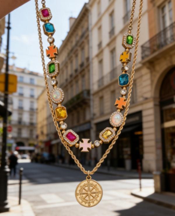European and American cross-border colorful gemstone gold jewelry chain, fashionable and dazzling, high-end, light luxury, versatile necklace set