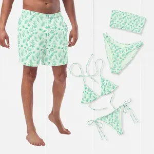 Couples Matching Sea Shell Swimwear Set - Women's Padded Soft Simple Elastic Polyester Thick Fabric Bikini, Men's Adjustable Drawstring Bottom Swim Shorts for Honeymoon, Beach Use