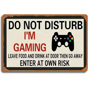 Vintage Gaming Do Not Disturb Metal Tin Sign, Gamer Room Decorative Wall Art, Rustic Novelty Game Controller Plaque, Gaming Decor Sign for Bedroom Door, Man Cave Essential, 12x8 inches