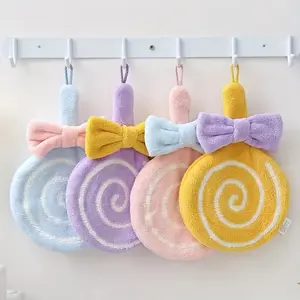 4PCS Hanging style water absorbing thickened cute  small towel for wiping hands, lollipop coral velvet kitchen cloth for wiping hands