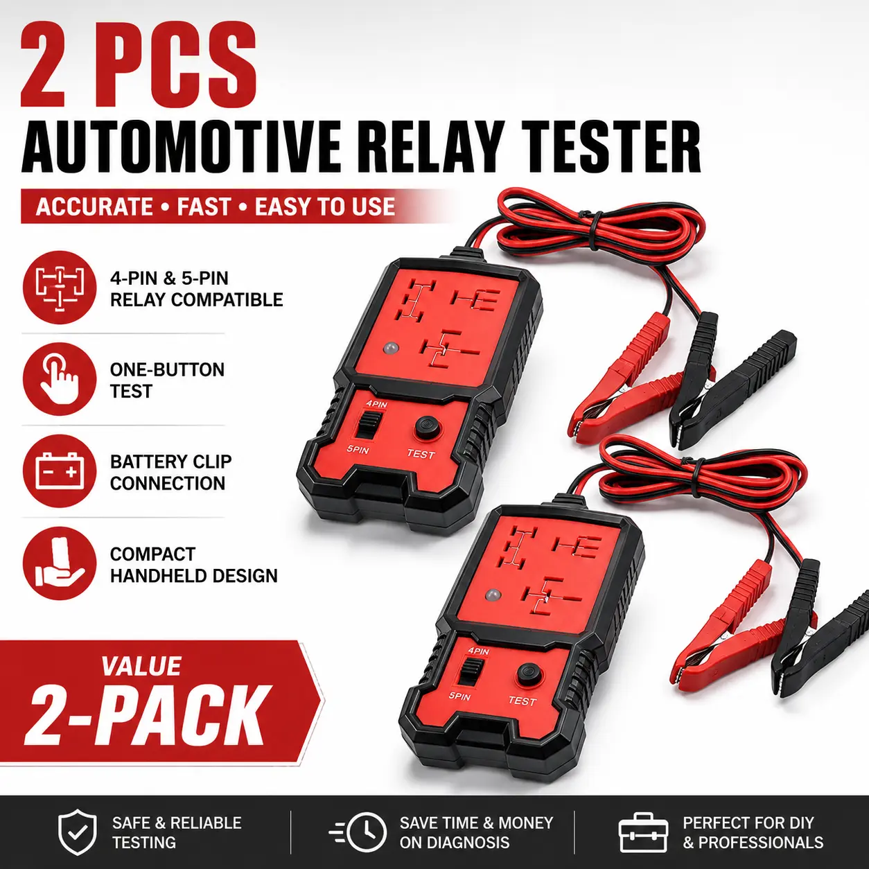 2 Pack Automotive Relay Tester, 4-Pin and 5-Pin Car Relay Test Tool with Battery Clips, One-Button Relay Checker, Portable Electrical Diagnostic Tool for Auto Repair and Garage Use
